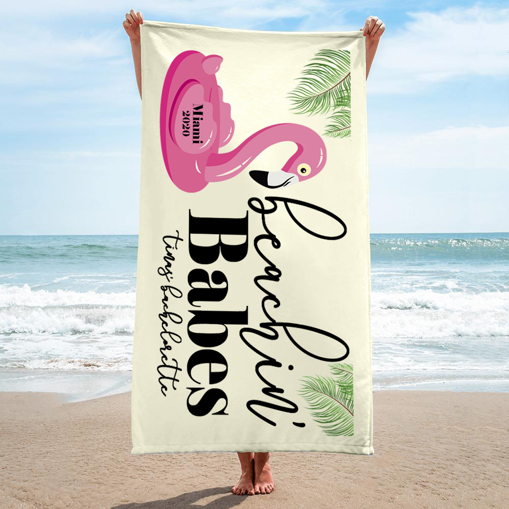 Bachelorette Party Beach Towel | Personalized Beach Towel | Flamingo Beachin' Babes