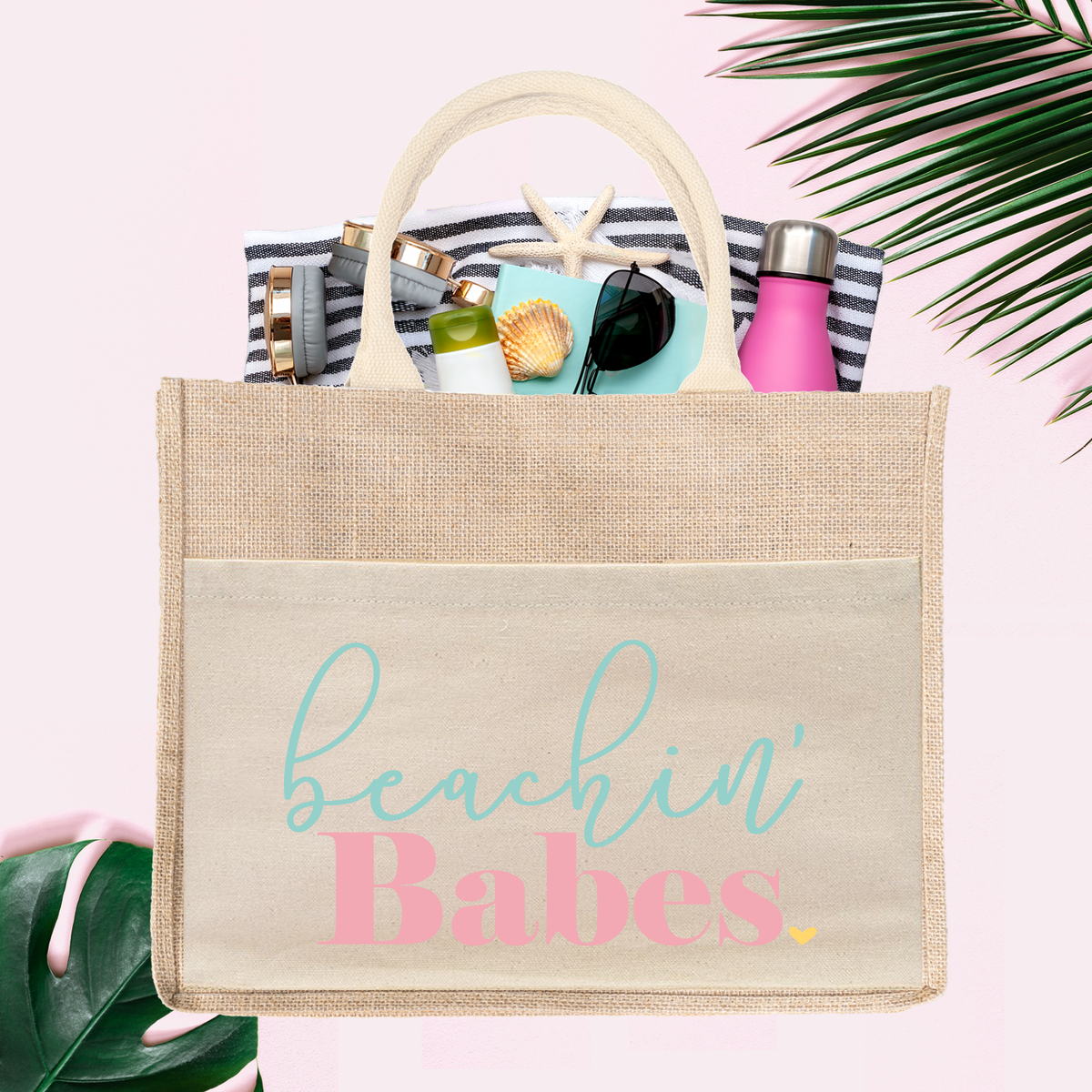 Bachelorette Party Burlap Jute Tote Bag Favor | Beach Bachelorette Party Welcome Tote Bag | Beachin&#39; Babes