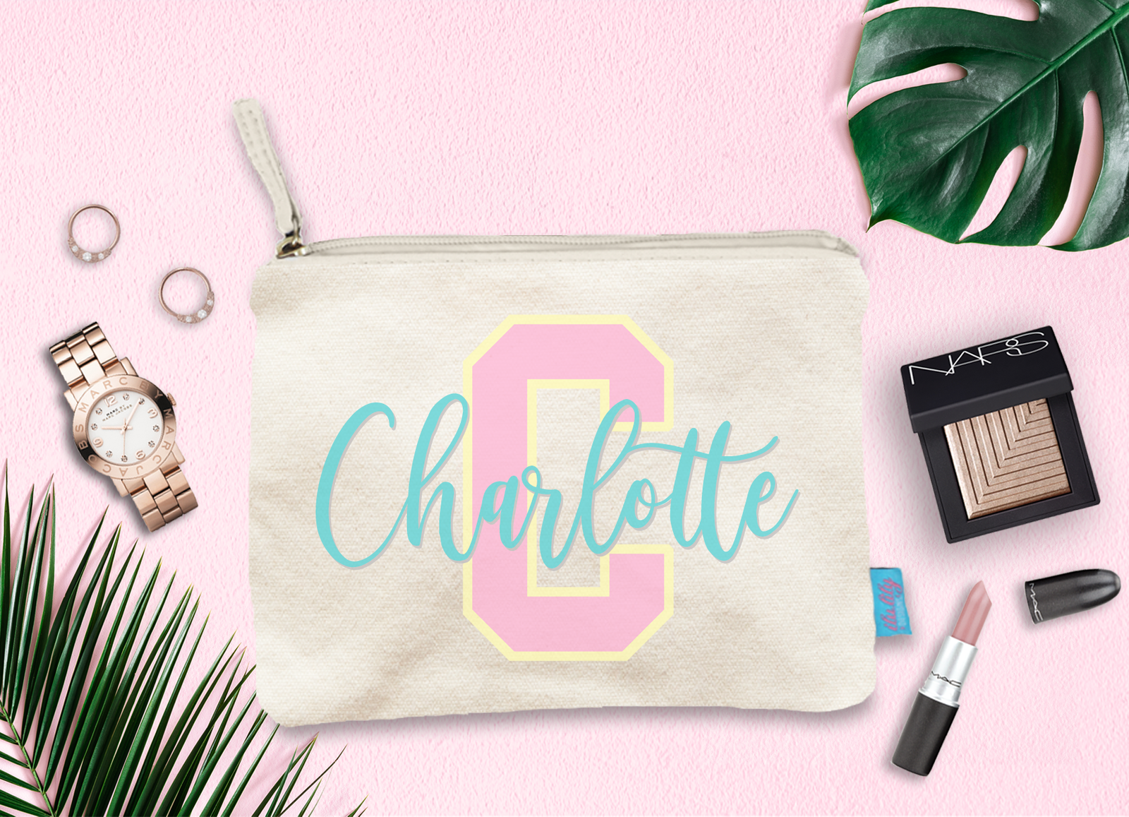 Bridesmaid Personalized Cosmetic Bag | Makeup Bag Favors | Varsity Letter Monogram