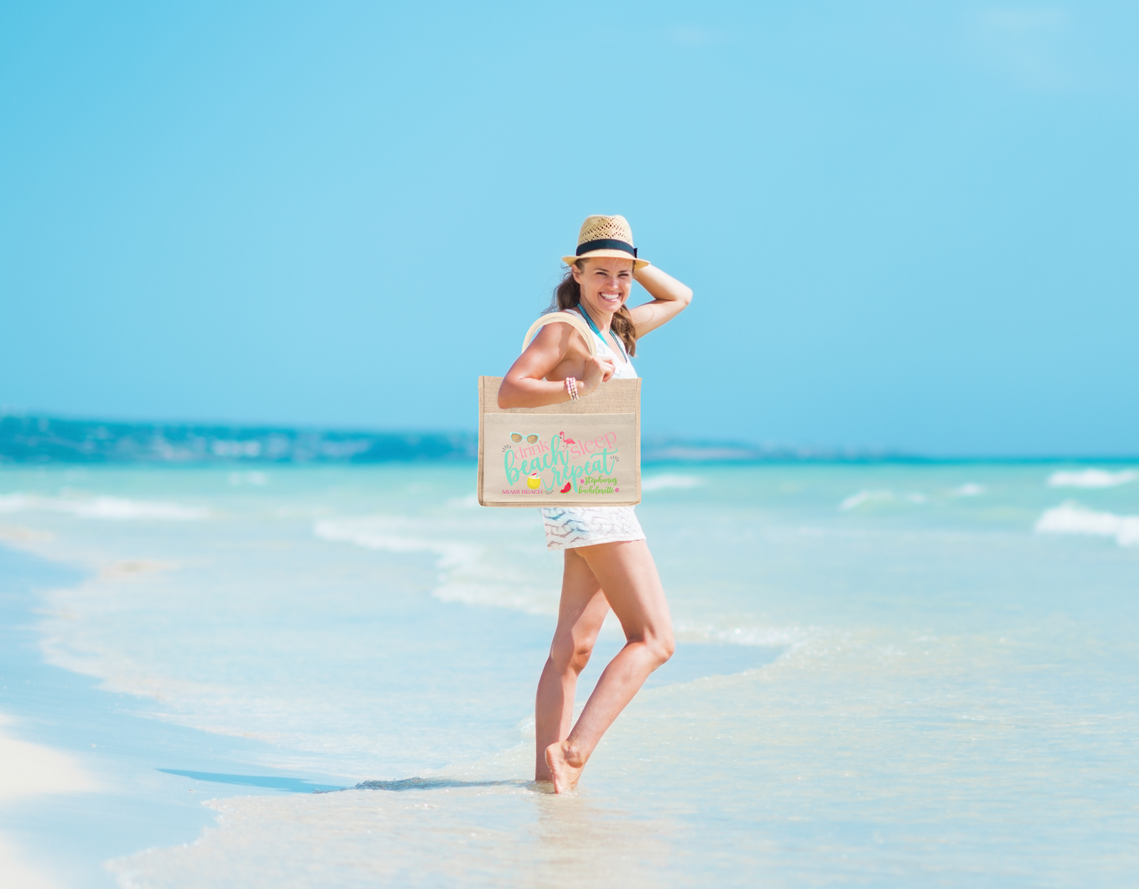 Bachelorette Beach Bag | Bachelorette Party Burlap Jute Tote Bag Favor | Fun Drink Beach Sleep Repeat