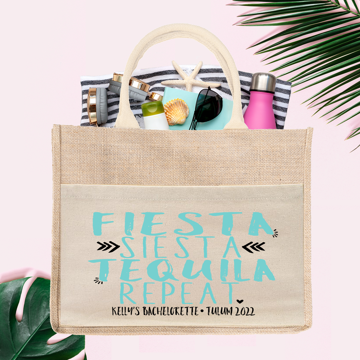 Fiesta Bachelorette Party Burlap Jute Tote Bag Favor | Arrows Fiesta Siesta Tequila Repeat