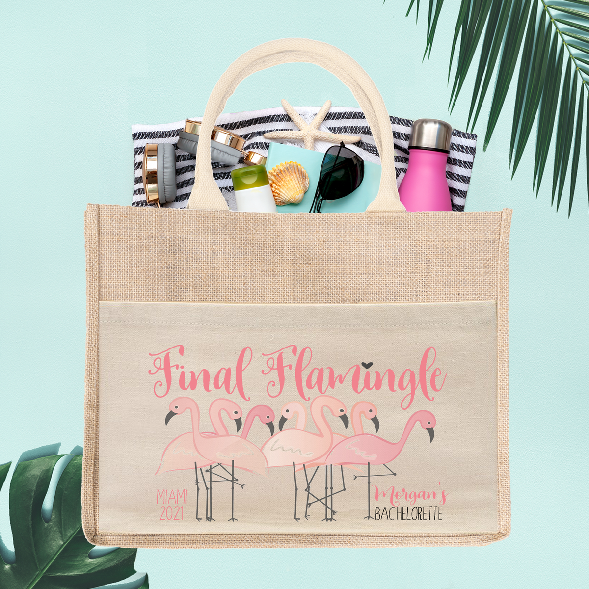 Bachelorette Party Burlap Jute Tote Bag Favor | Flamingo Flock Final Flamingle