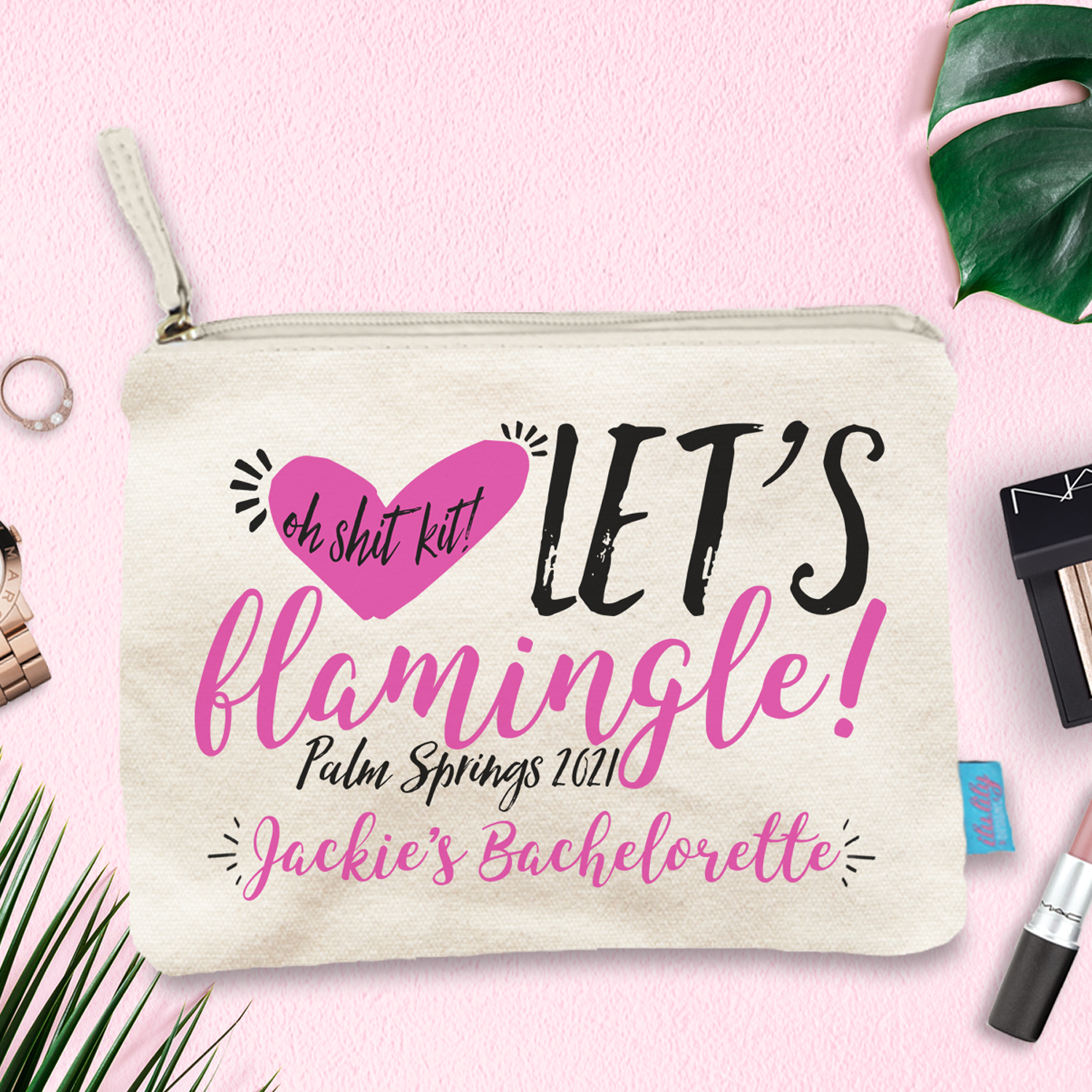 Bachelorette Party Makeup Bag Favor | Personalized Cosmetic Bag | Let's Flamingle Oh Shit Kit