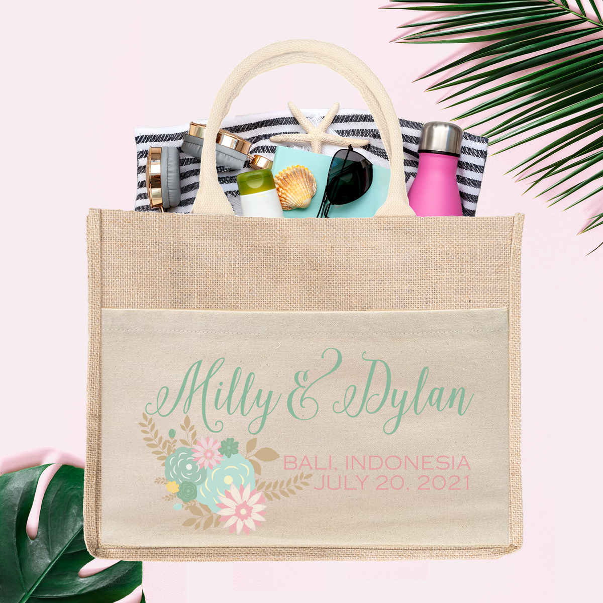 Floral Destination Wedding Welcome Bag | Destination Wedding Tote Bag Burlap Jute Bag Favor