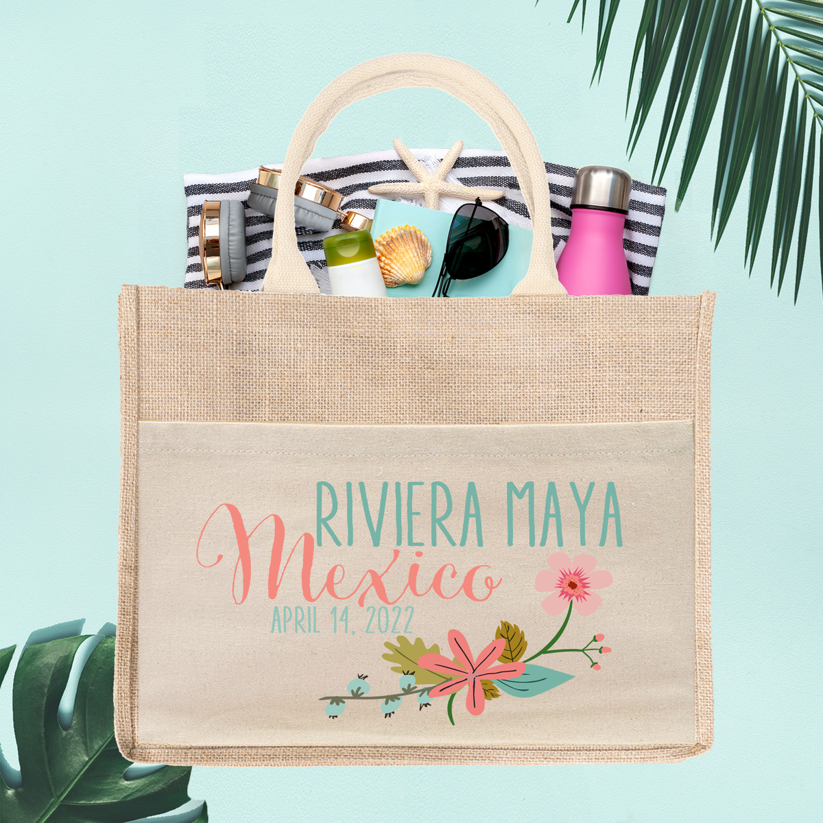 Floral Wedding Welcome Bag | Destination Wedding Tote Bag Burlap Jute Bag Favor | Beach Wedding Welcome Tote Bag | Mexico Wedding Favor