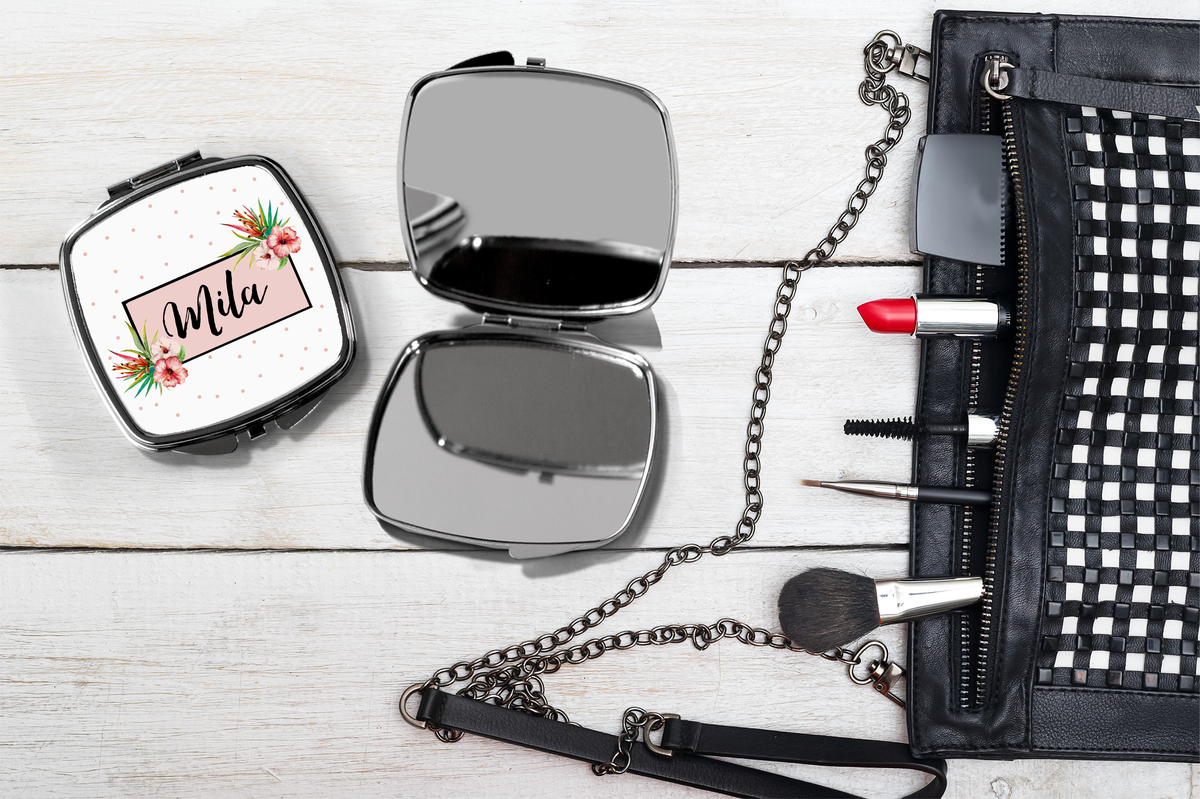 Bridesmaid Personalized Mirror Compact | Tropical Floral Name