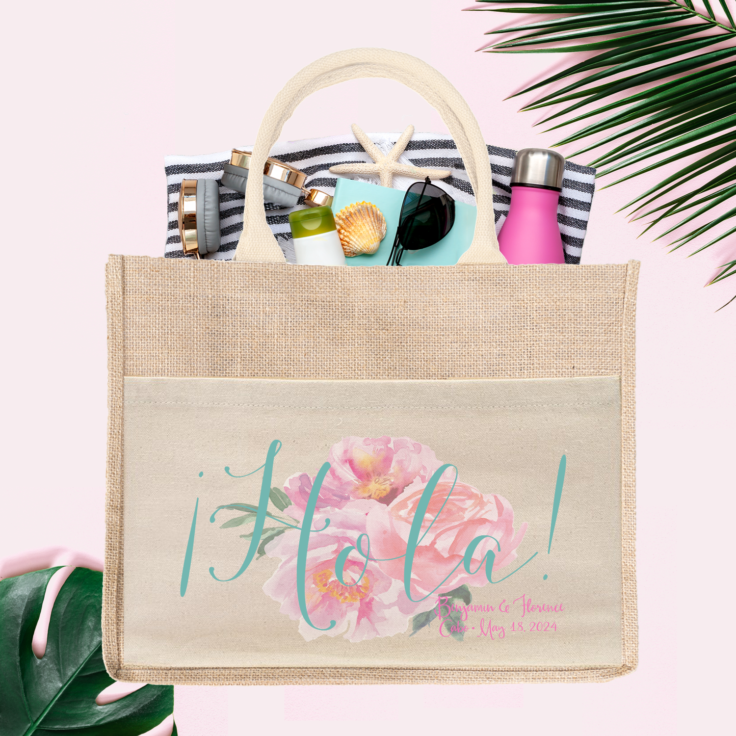 Floral Hola Wedding Welcome Bag | Destination Wedding Tote Bag Burlap Jute Bag Favor