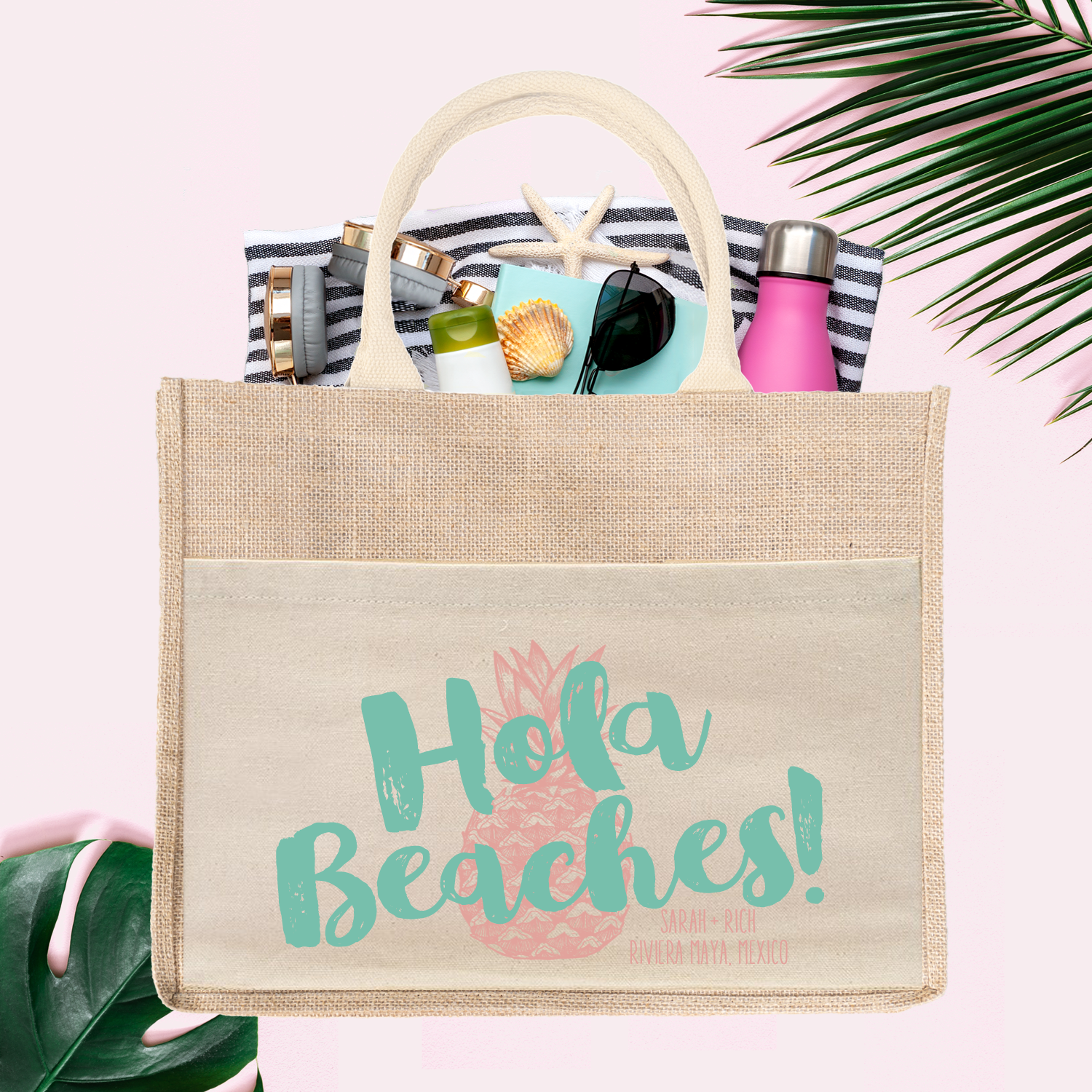 Bachelorette Party Burlap Jute Tote Bag Favor | Pineapple Hola Beaches
