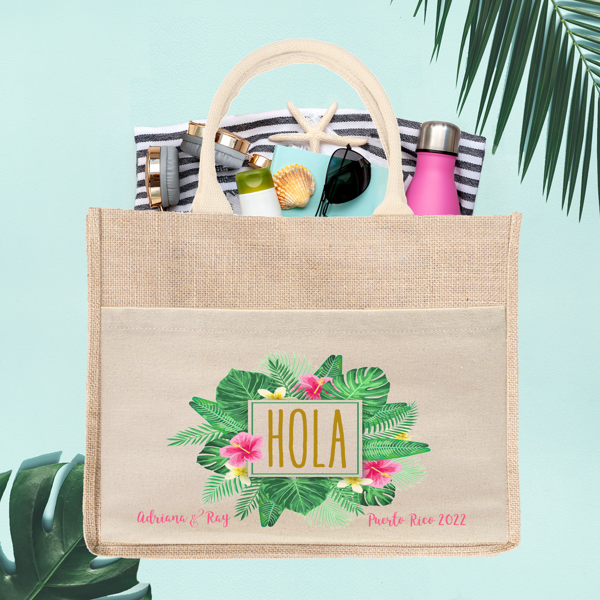 Hola Floral Wedding Welcome Bag | Bienvenidos Destination Wedding Tote Bag Burlap Jute Bag Favor