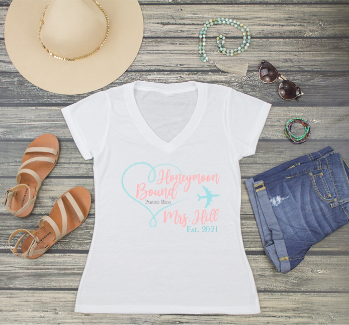 Honeymoon Bound Mrs Custom V-Neck T-Shirt Fashion Tee