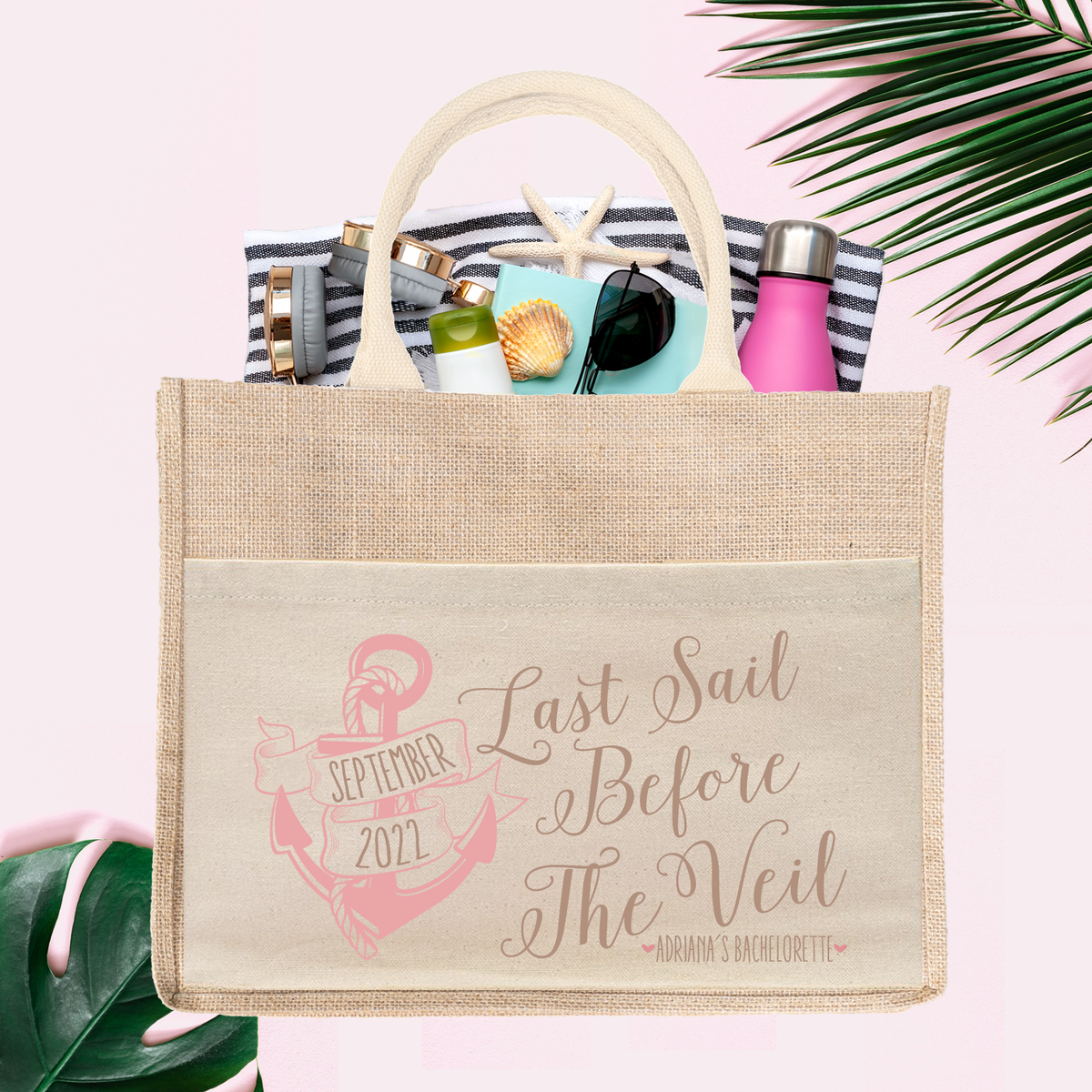 Beach Bag | Bachelorette Party Cruise Burlap Jute Tote Bag Favor | Anchor Last Sail Before the Veil