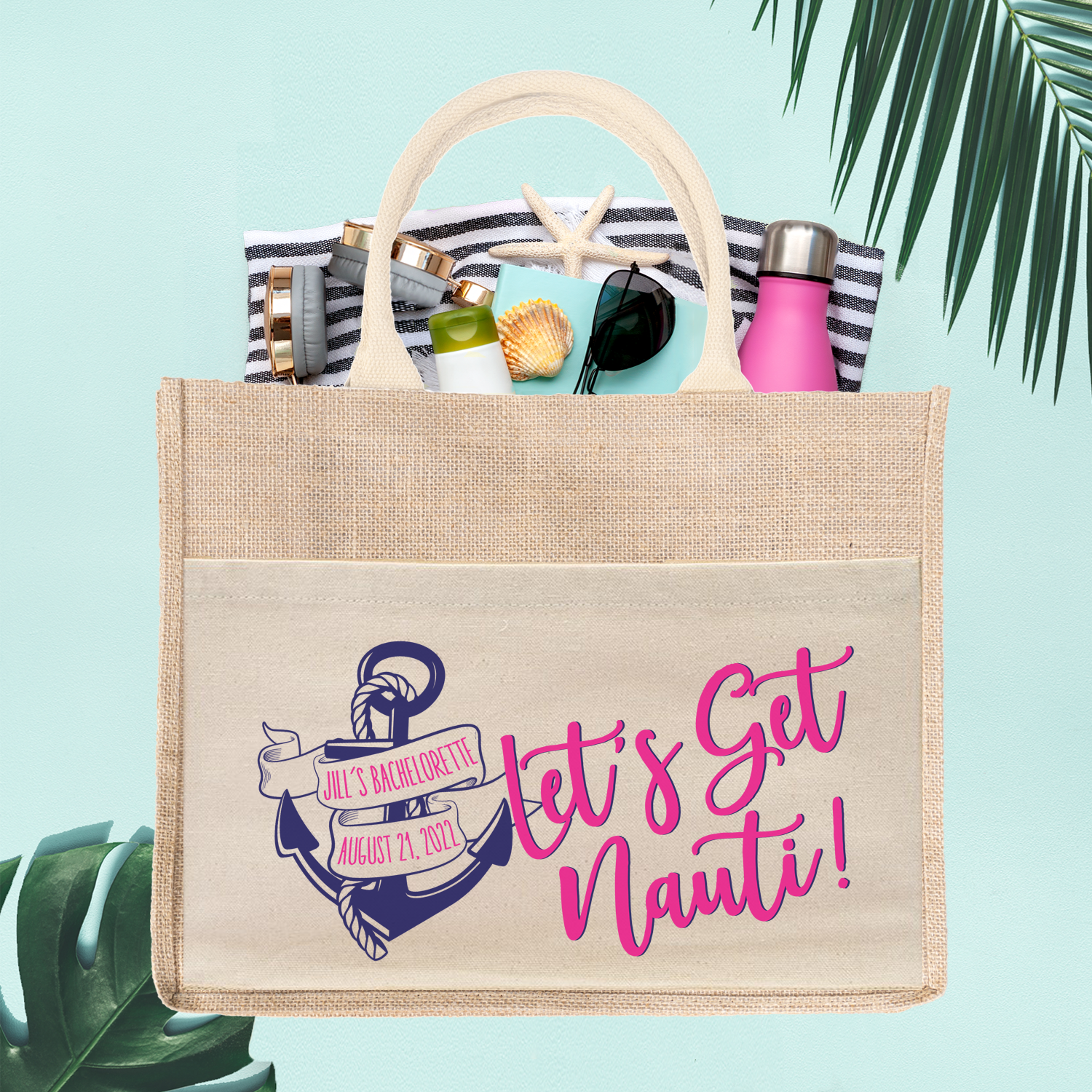 Lets Get Nauti Last Sail Beach Bag | Bachelorette Party Cruise Burlap Jute Tote Bag Favor