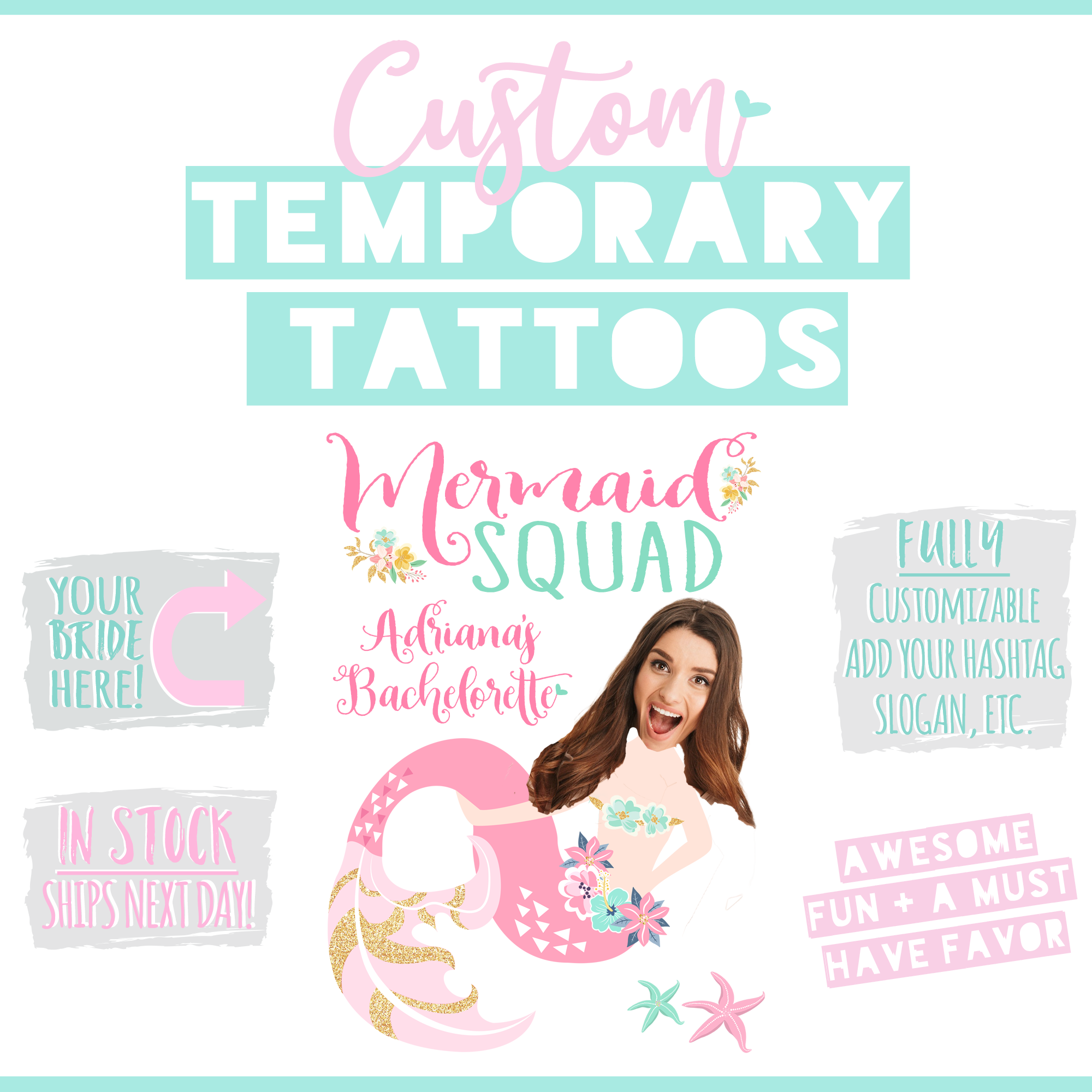Custom Temporary Tattoo Bachelorette Party Favors | Mermaid Squad