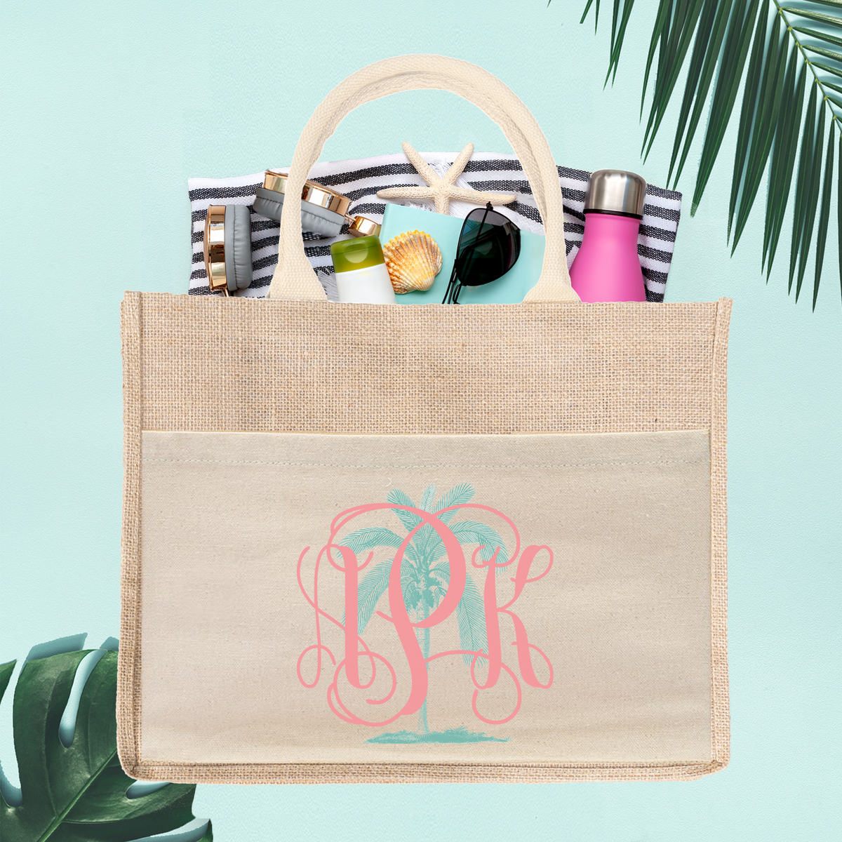 Monogram Beach Bag | Bridesmaid Beach Bag | Bachelorette Party Burlap Jute Tote Bag Favor | Palm Tree Monogram