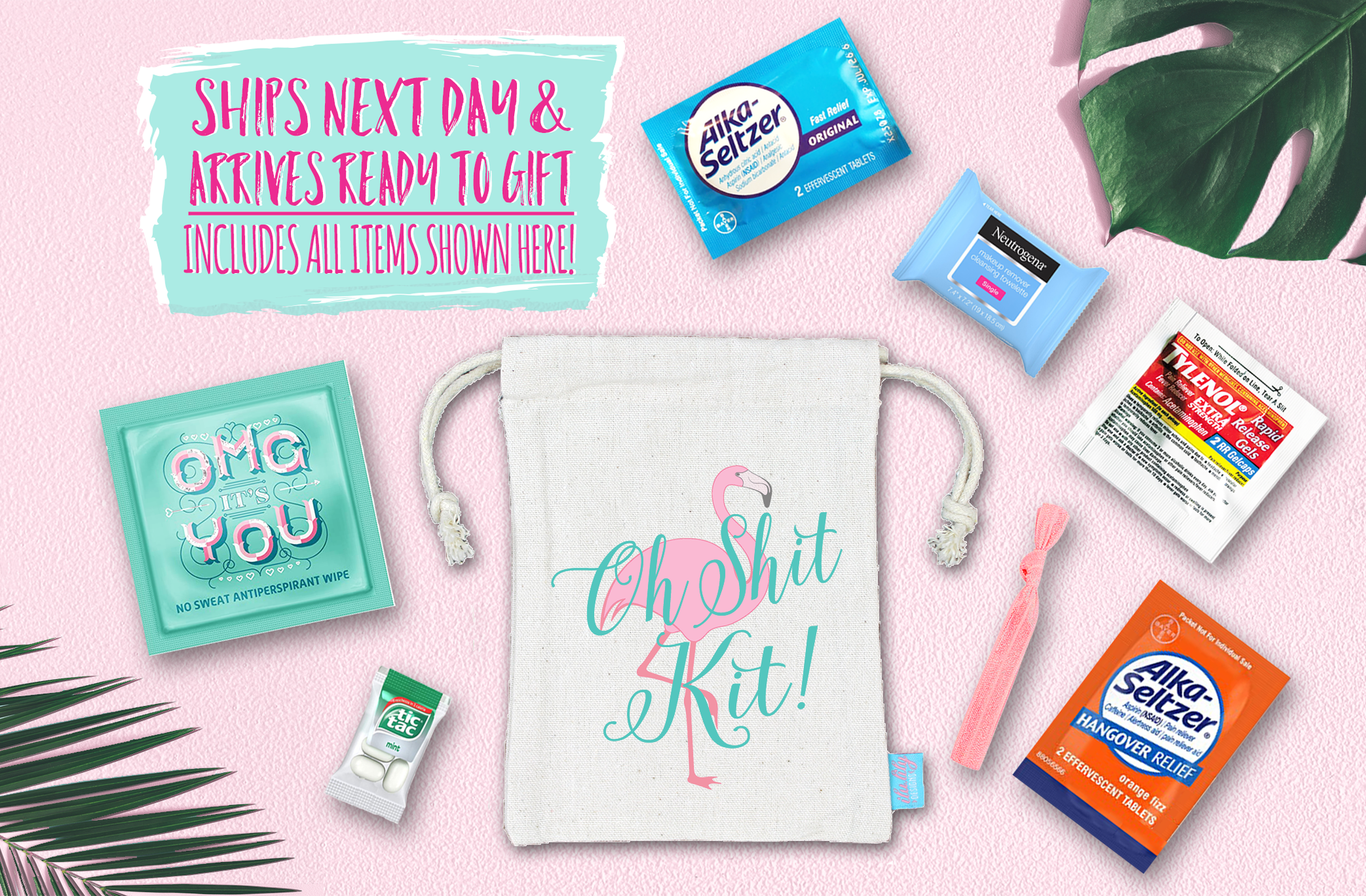 Bachelorette Party Hangover Survival Kit with Supplies |Flamingo Oh Shit Kit