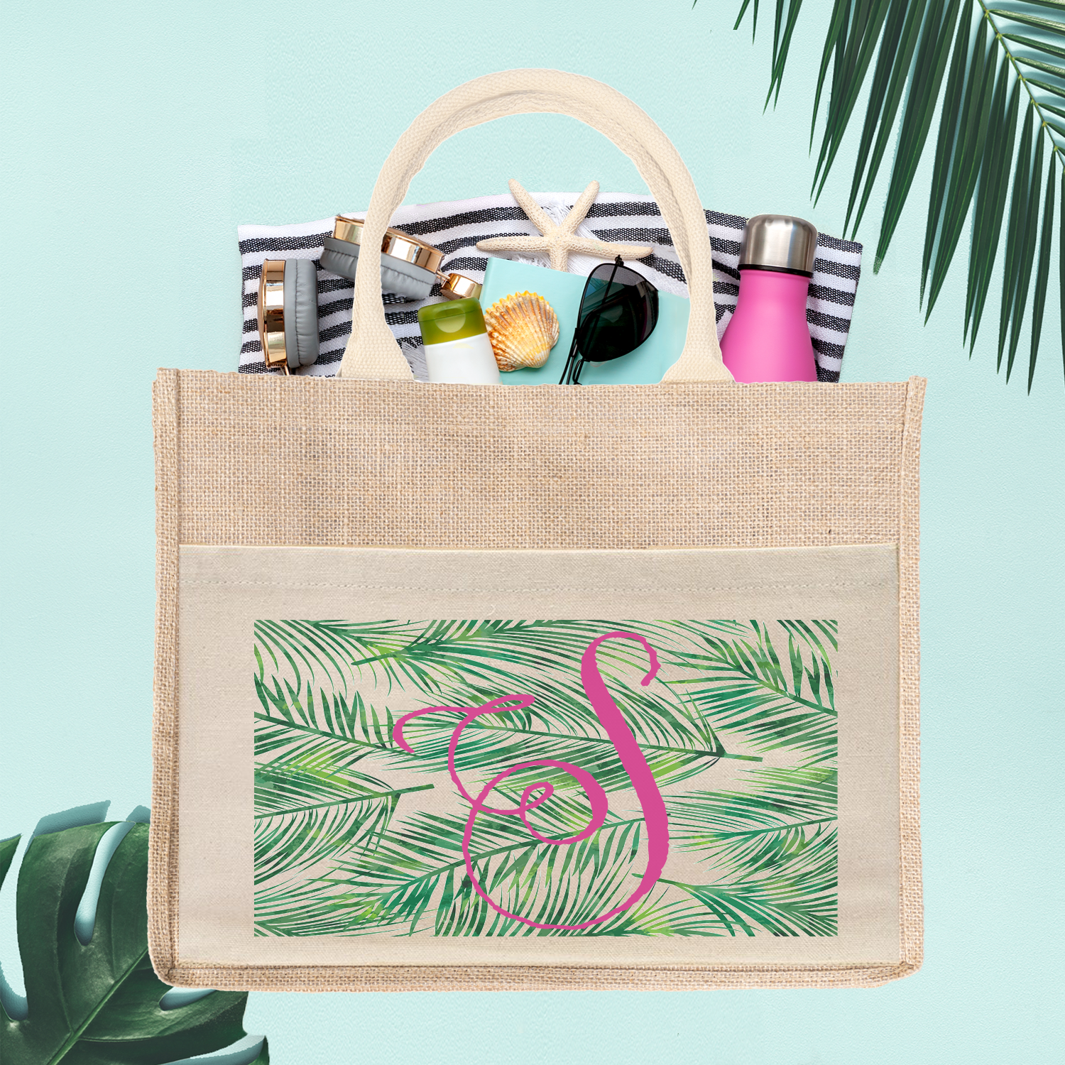 Bridesmaid Beach Bag | Bachelorette Party Burlap Jute Tote Bag Favor | Palm Leaves Monogram
