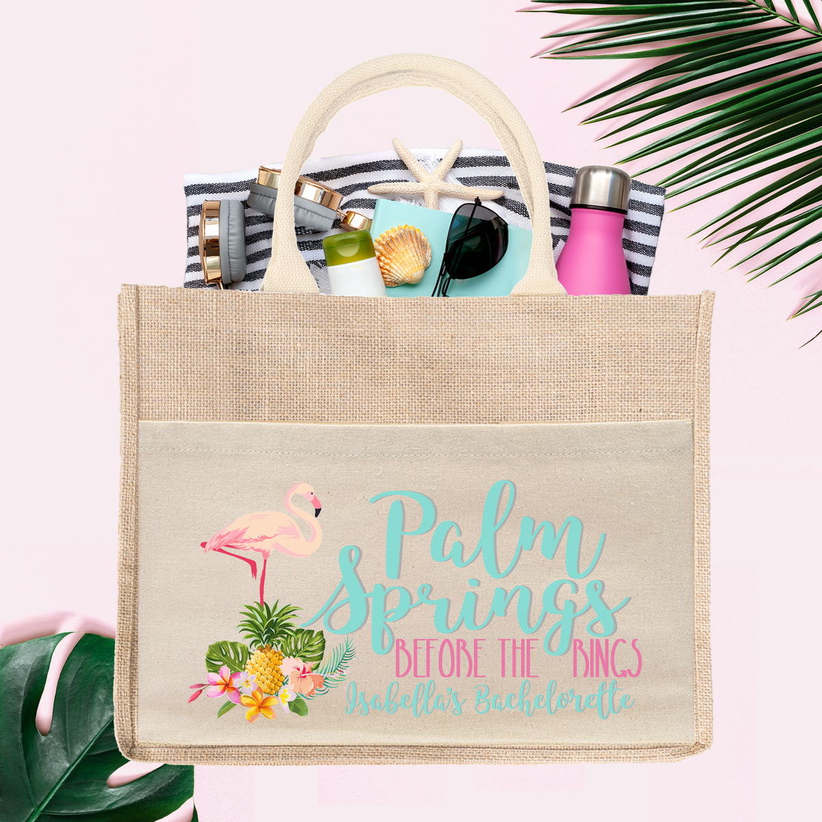 Palm Springs Beach Bag | Bachelorette Party Burlap Jute Tote Bag Favor | Tropical Flamingo Palm Springs Before the Rings