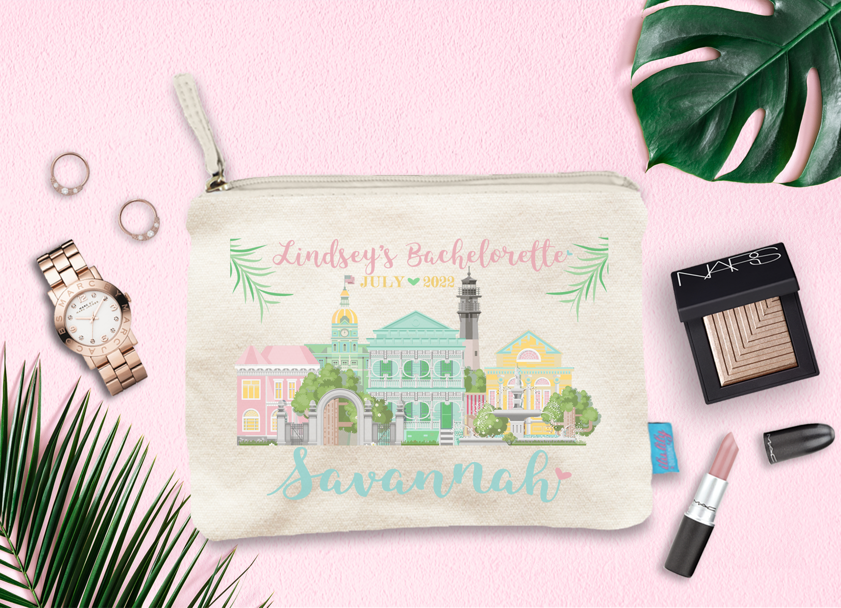 Bachelorette Party Savannah Makeup Bag | Customized Cosmetic Bag | Savannah, Georgia