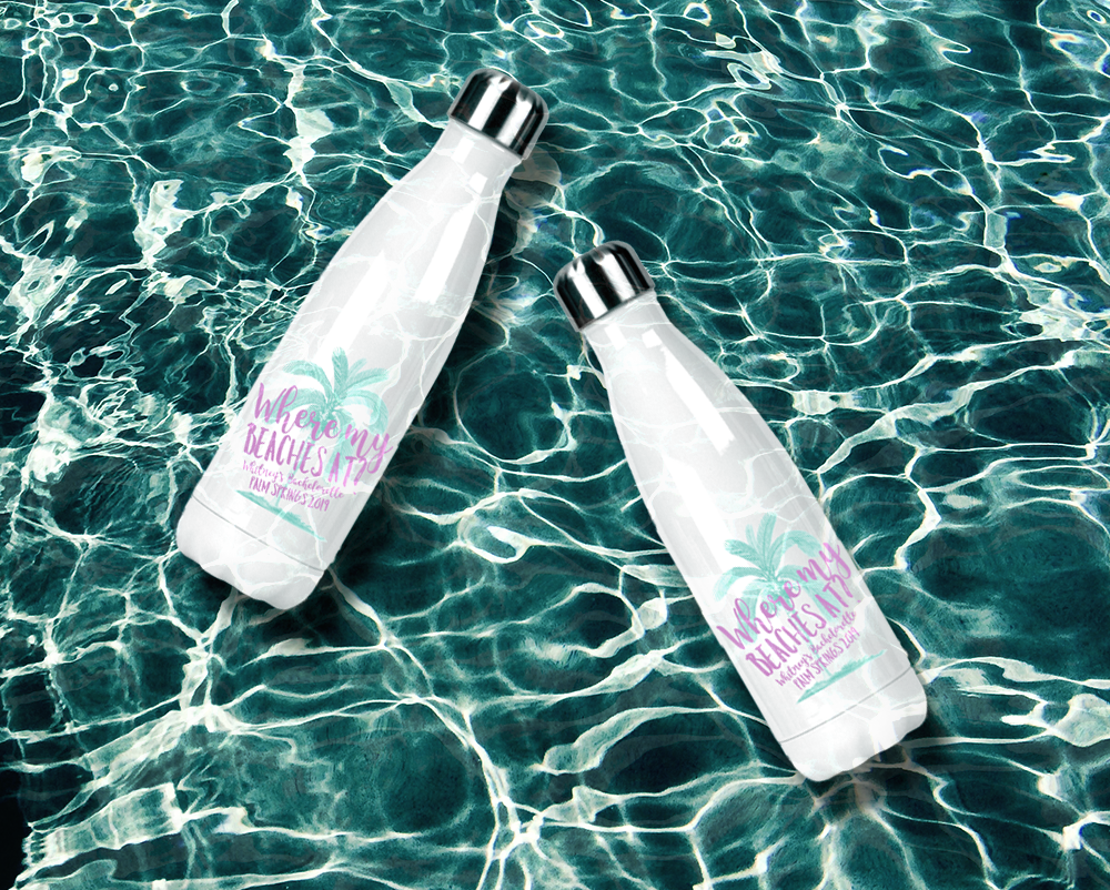 Bachelorette Party Water Bottle | Swell Style Water Bottle | Palm Tree Where My Beaches At?