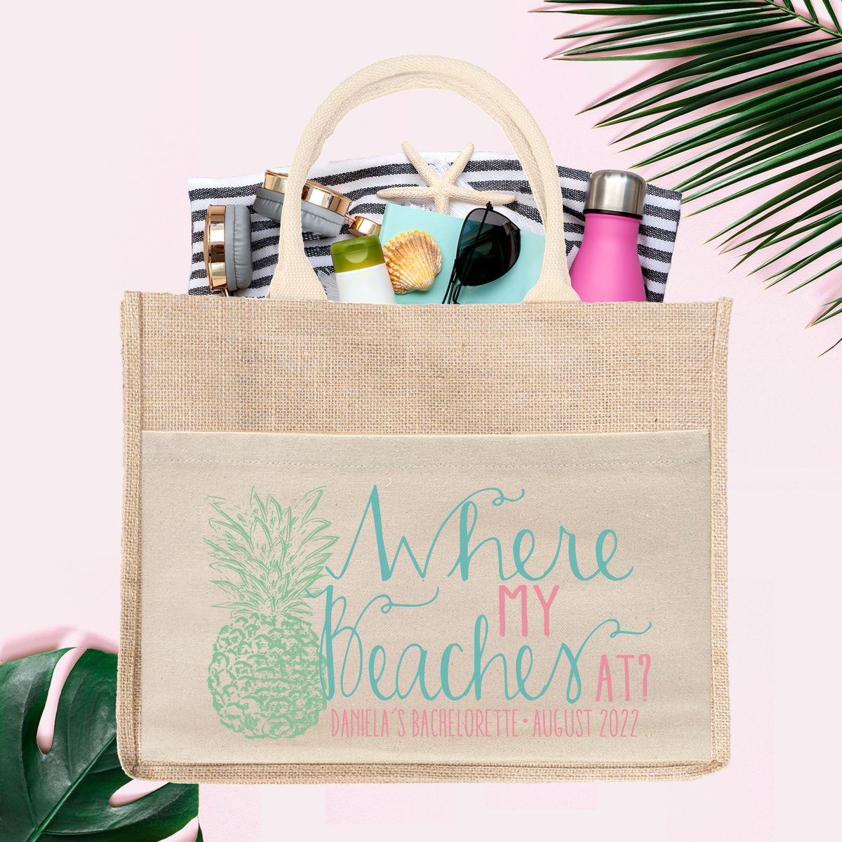 Bachelorette Party Burlap Jute Tote Bag Favor | Pineapple Where My Beaches At?